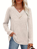 V-Neck Button Detail Pullover Sweater for Women - Cozy Casual Long Sleeve Knit Top Fall Winter Solid Color Soft Everyday Sweater
