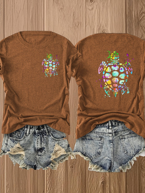 Colorful Sea Turtle Graphic T-Shirt Women Double Sided Print Casual Summer Tee Beach Nature Lover Top
