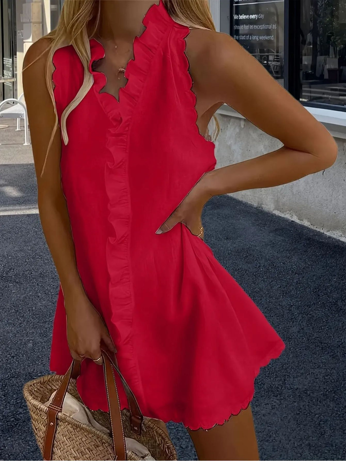 Ruffle Trim V-Neck Casual Dress Women Solid Color Embroidered A-Line Lightweight Summer Beach Midi Dress XS-XL