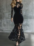 Black Lace Panel Sheer Fishtail Maxi Dress Women Vintage Inspired Evening Party Formal Bodycon Mermaid Gown Sexy Elegant