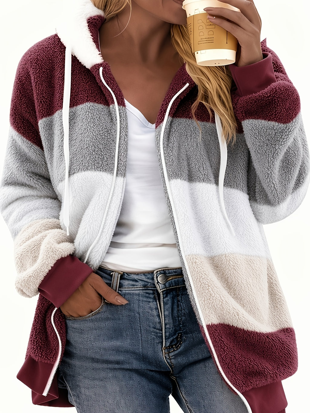 Teddy Bear Fleece Zip Jacket Women Color Block Hooded Casual Outerwear Fall Winter Warm Coat S-XXL