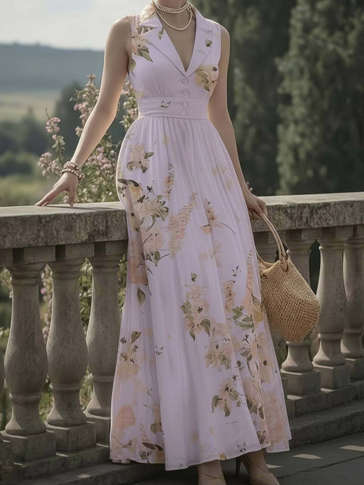 Vintage Print Lapel Dress Women Sleeveless Waist-Cinching Elegant A-Line Dress Spring Summer Date Afternoon Tea Semi-Formal Dress S-XXL