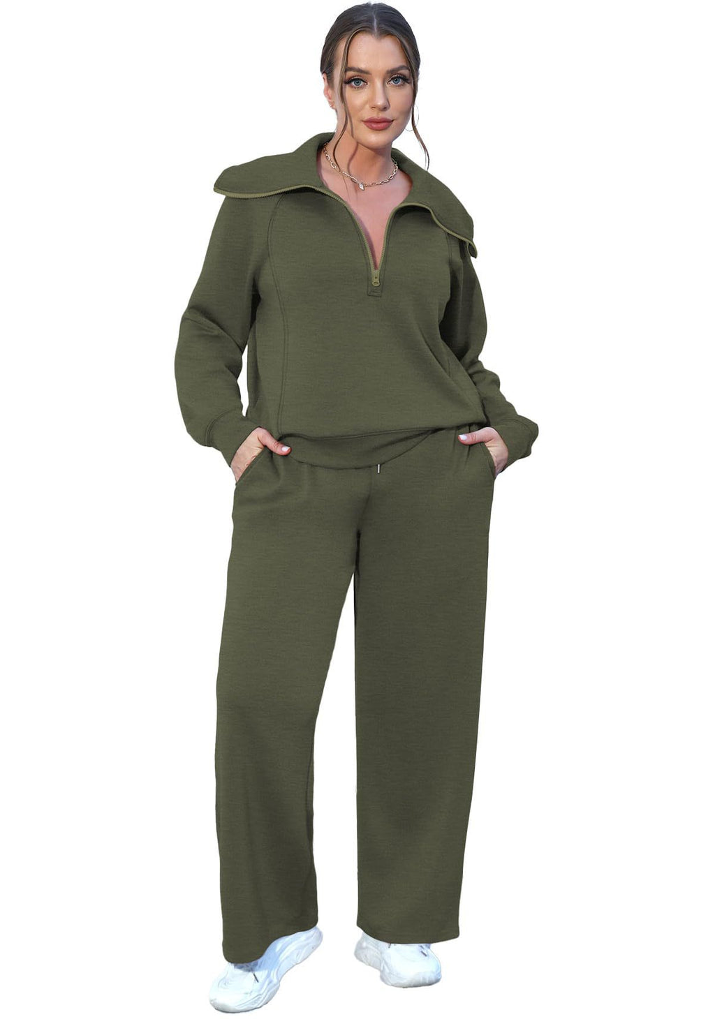Zipper Sweatshirt Wide-Leg Pants 2 Piece Set Women Casual Tracksuit Outfit for Spring Fall - Loose Fit Jogger Co-ord Set