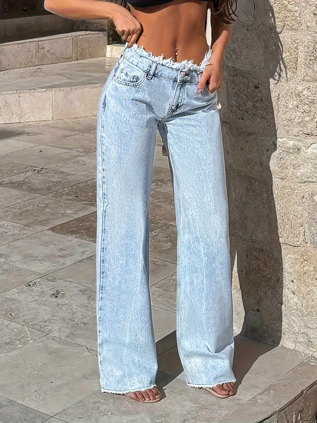 Wide Leg Jeans Women Light Blue Frayed Hem Loose Fit Denim Pants Casual Chic Street Style Spring Summer Fall S-XXL