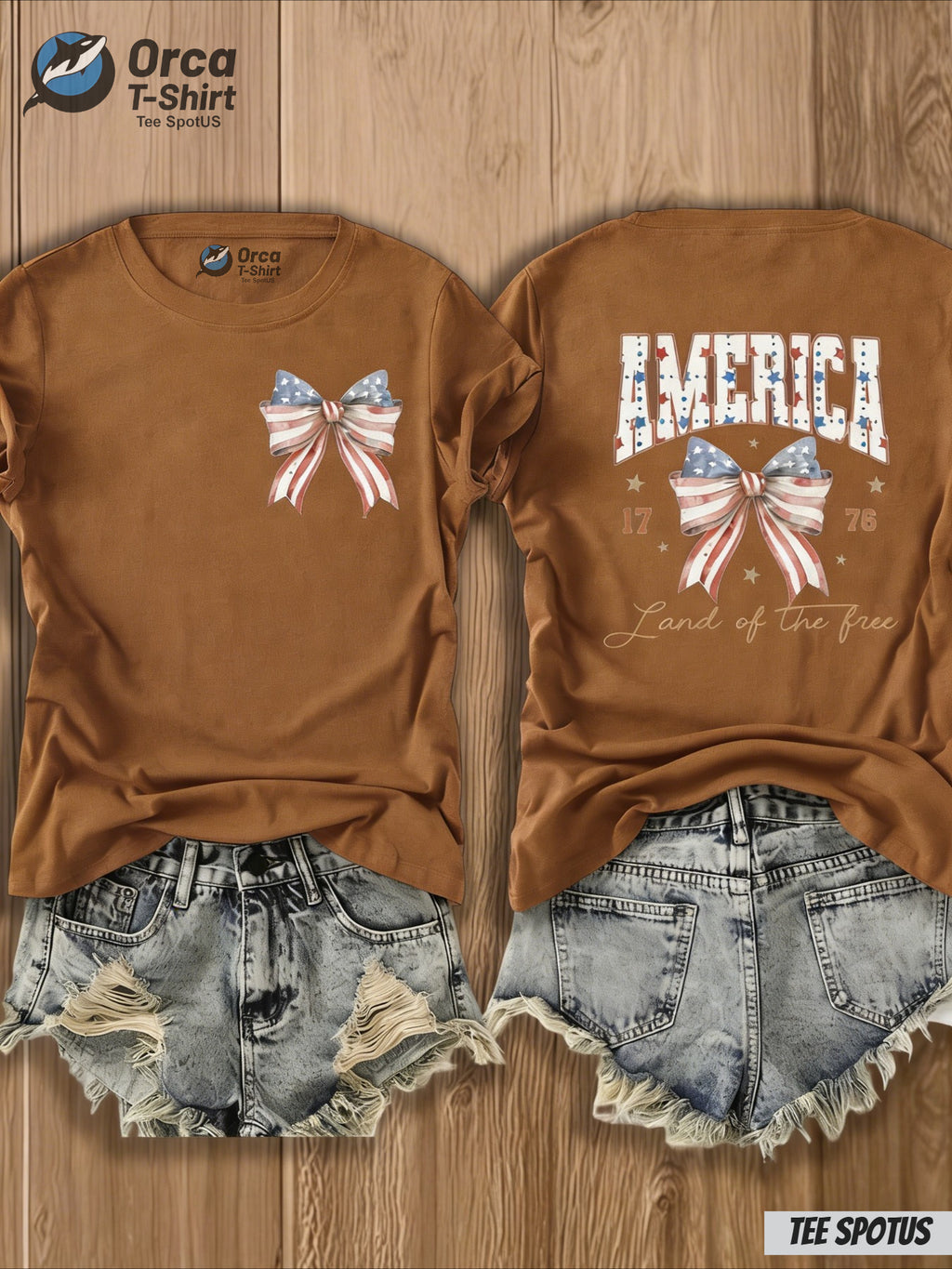 4th of July T-Shirt Women America Flag Bow Print Crew Neck Casual Patriotic Top 8 Colors S-XXL
