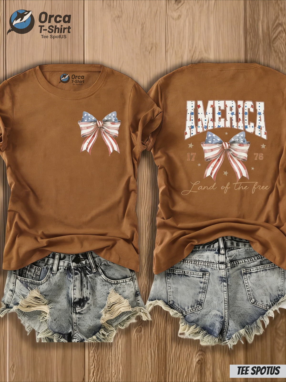 4th of July T-Shirt Women America Flag Bow Print Crew Neck Casual Patriotic Top 8 Colors S-XXL