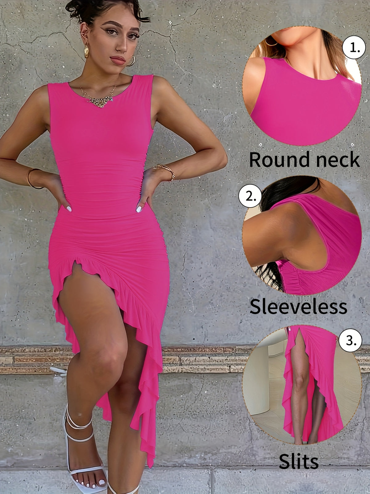 Women's Sleeveless A-Line Fishtail Dress Round Neck Side Pleated Lace Opening Casual Spring Summer Dress
