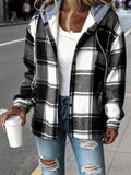 Plaid Hooded Fleece Lined Jacket for Women, Cozy Button-Front Sherpa Coat, Casual Loose Fit Fall Winter Outerwear, Available in Brown Beige White Black