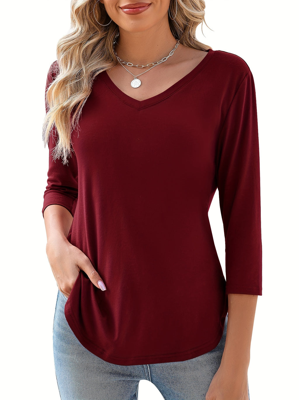 Solid Color V-Neck Top Women 3/4 Sleeve Casual Knit Blouse Elegant Basic Stretch Shirt Spring Summer Fall S-XXL