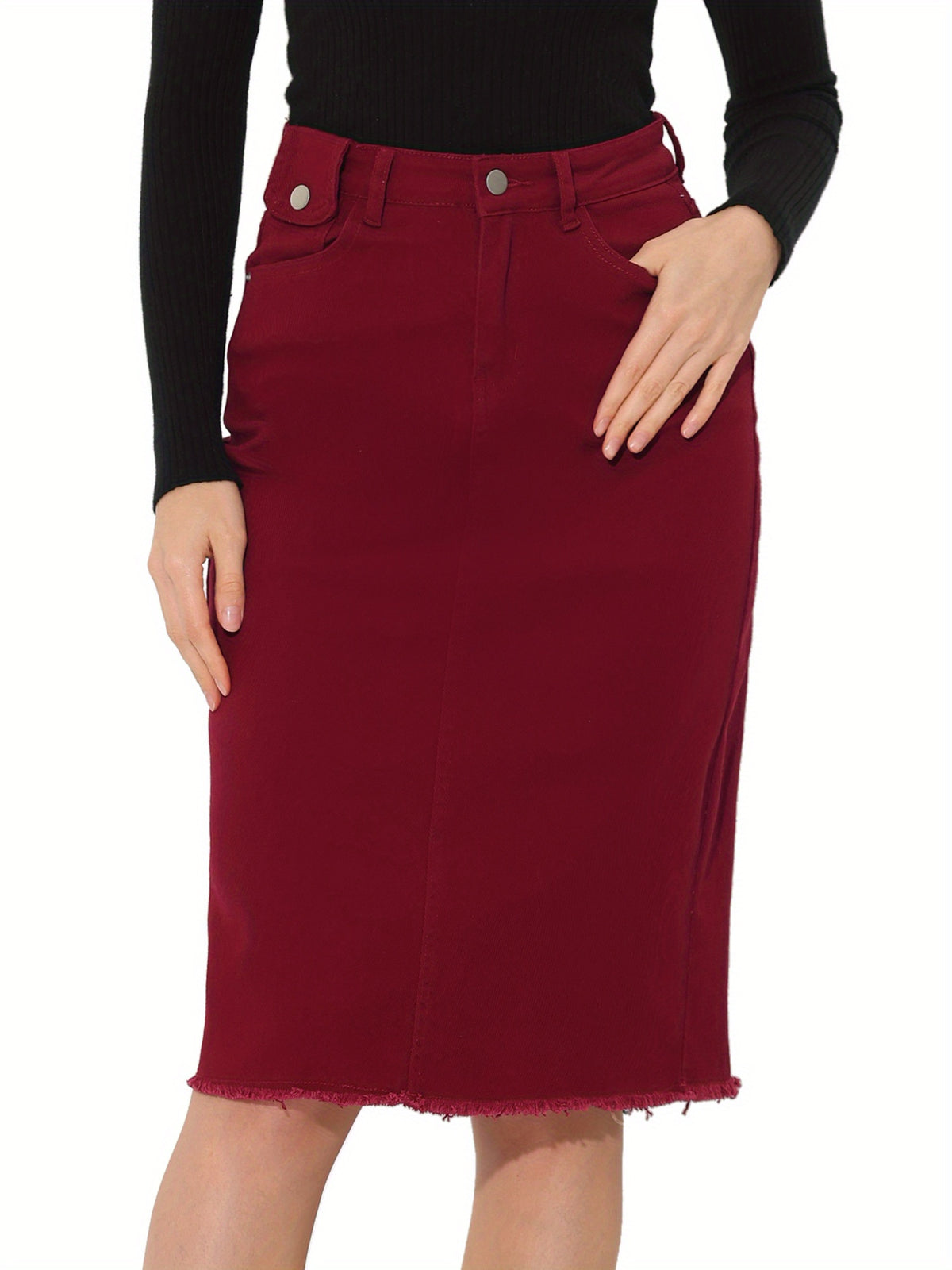 High Waist Denim Midi Skirt Women A-Line Back Slit Stretch Casual Jean Skirt Raw Hem Flared Spring Summer 2025