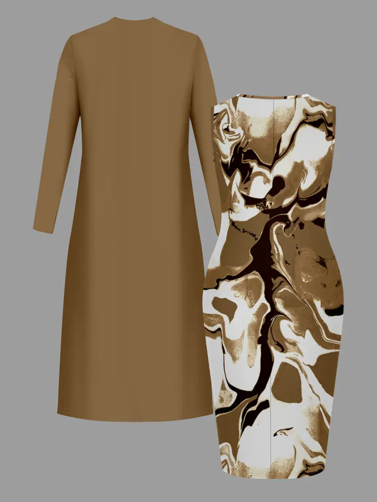 Khaki Cardigan & Marble Pencil Skirt Two-Piece Set Women | Long Cardigan + Gold-Brown Patterned Skirt Professional Work Outfit for Office Daily Outings