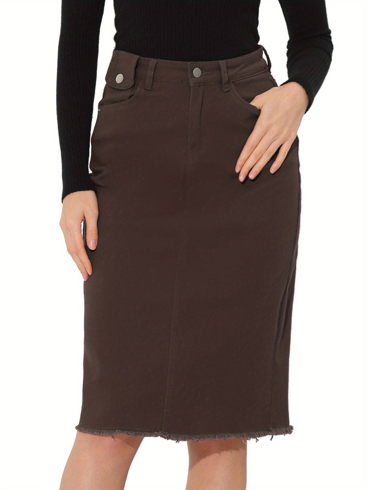 High Waist Denim Midi Skirt Women A-Line Back Slit Stretch Casual Jean Skirt Raw Hem Flared Spring Summer 2025