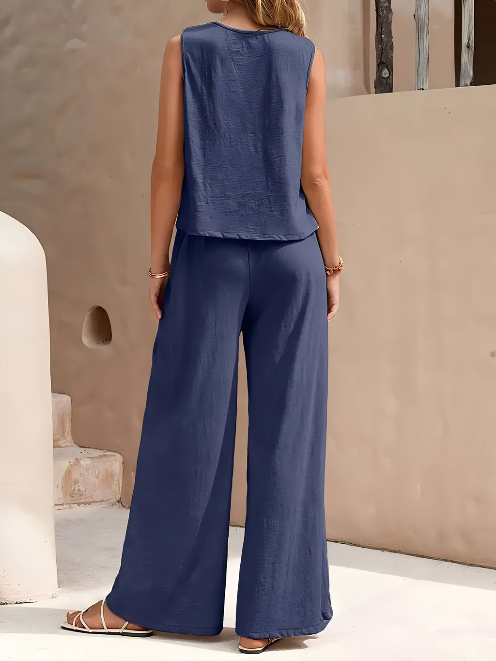 Red Sleeveless Top and Wide Leg Pants 2 Piece Set for Women – Solid Color Smooth Fabric Casual Elegant, Spring Summer, Sizes S-XXL