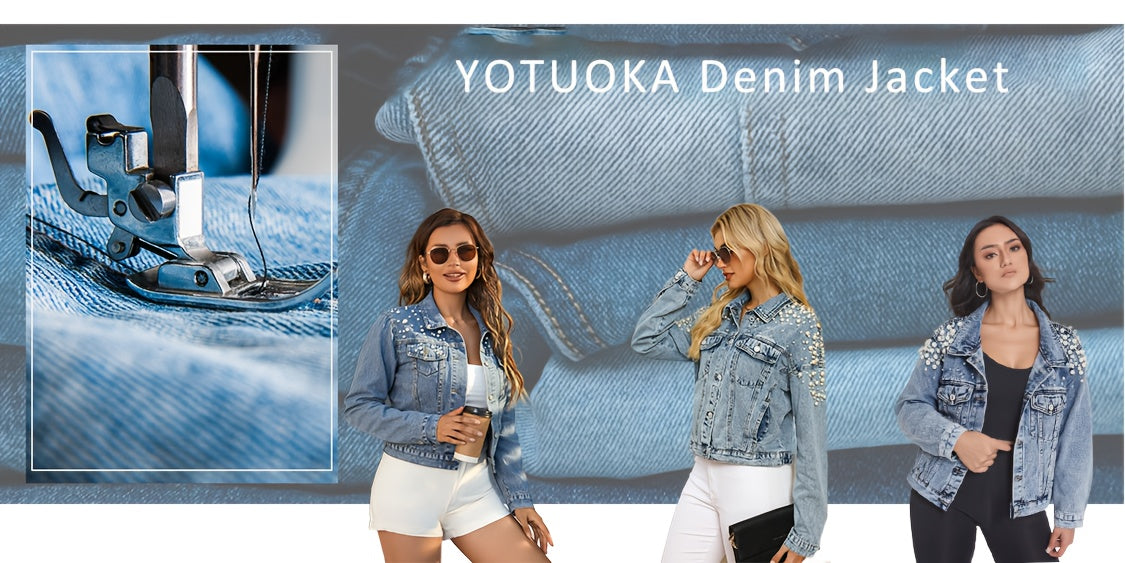 Pearl Neck Elastic Denim Jacket Women Loose Casual Long Coat Raglan Sleeve Lapel Flared Hem Light Blue Spring Autumn Outerwear