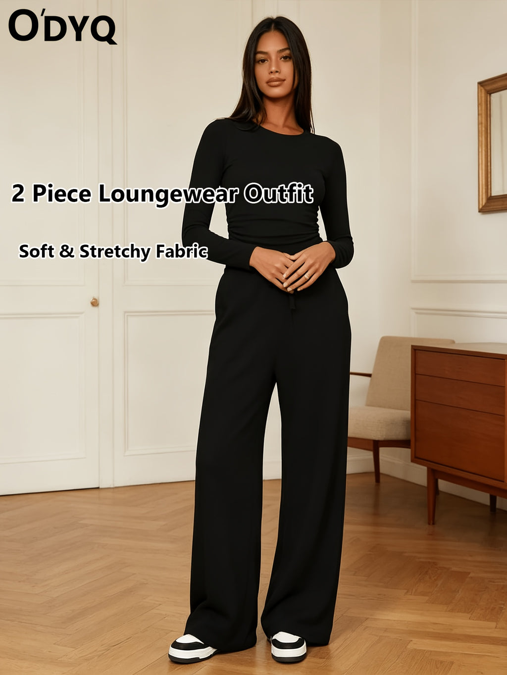 Women's 2 Piece Loungewear Set Casual Long Sleeve Top & High Waist Wide Leg Pants Sweatsuit Matching Outfit