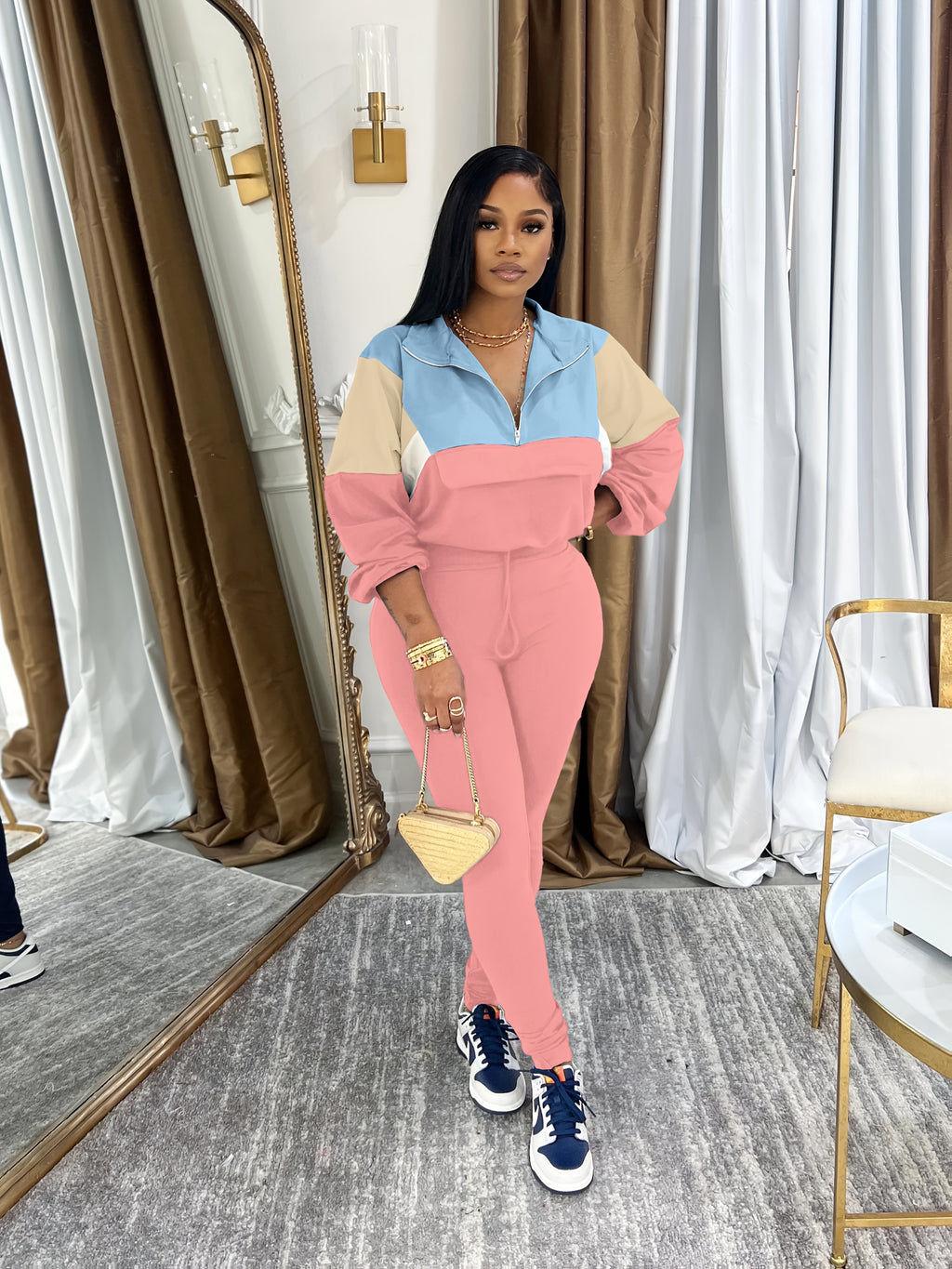 Lapel Crew Neck Sweatsuit Set for Women – Half-Zip Long Sleeve Sweatshirt & Sweatpants 2-Piece Casual Outfit, Solid Color Fall Winter Loungewear