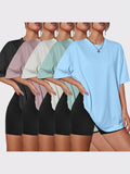 5pcs Women's Oversized Basic T-Shirt Set Solid Color Loose Fit Short Sleeve Quick-Dry Lightweight Tee Pack Spring Summer Fall S-XXL