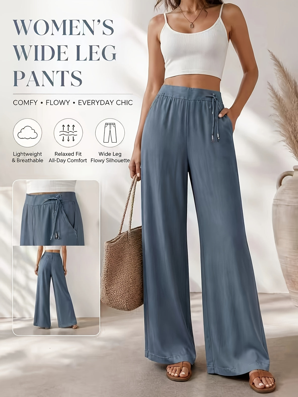 Retro Wide Leg Pants Women High Waist Loose Drape Casual Vintage Style Flowy Trousers Spring Summer Comfortable