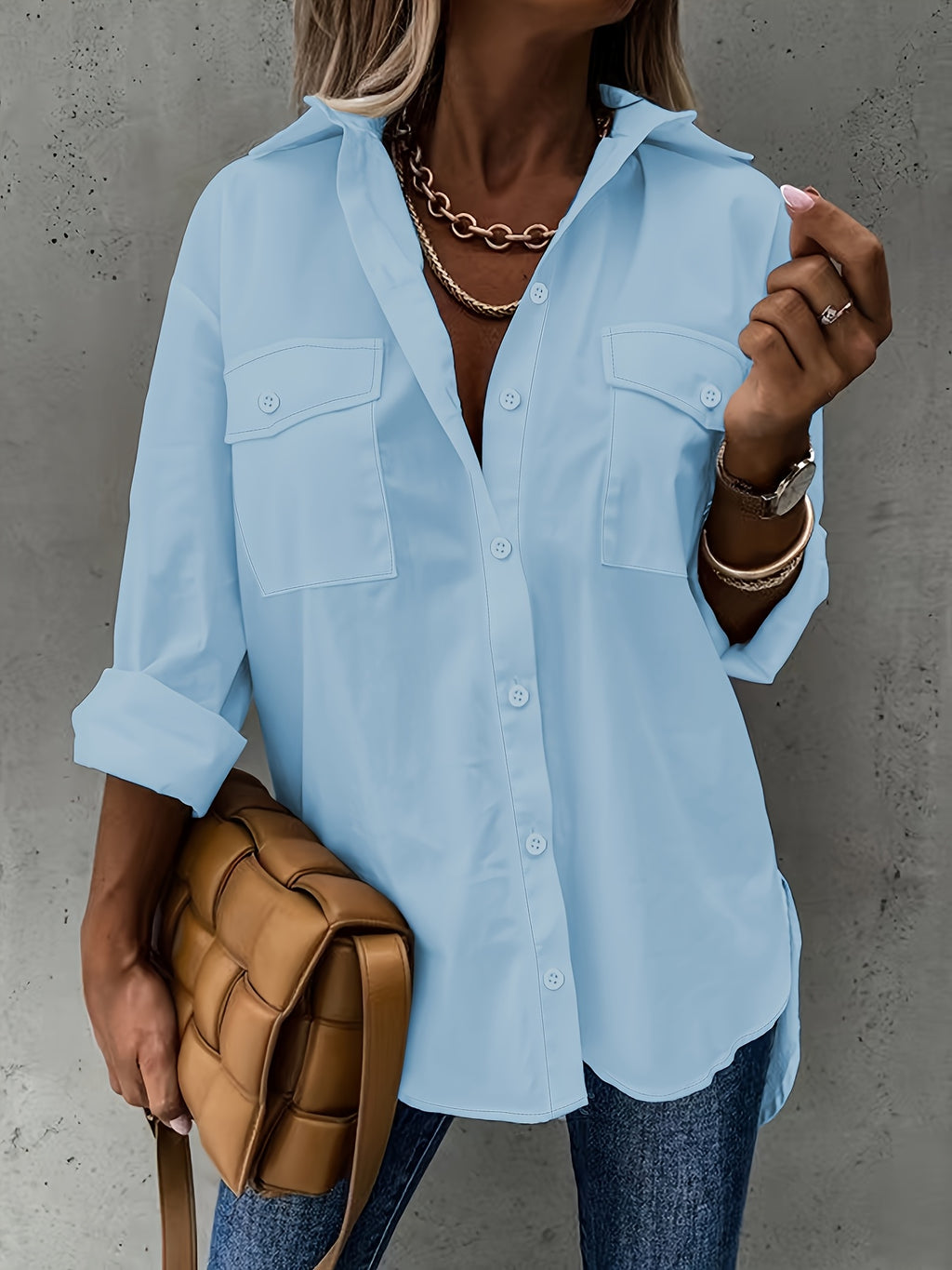 Long Sleeve Button-Up Shirt Women Chest Pocket Foldover Collar Solid Color Relaxed Fit Non-Stretch All Season Casual Blouse