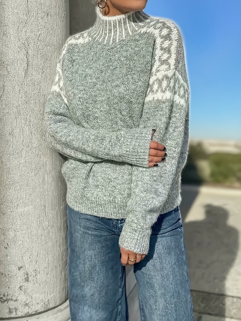 Women's Nordic Snowflake High Neck Sweater Loose Fit Gray Embossed Knit Turtleneck Pullover Warm Cozy Winter Layering Top Soft Casual