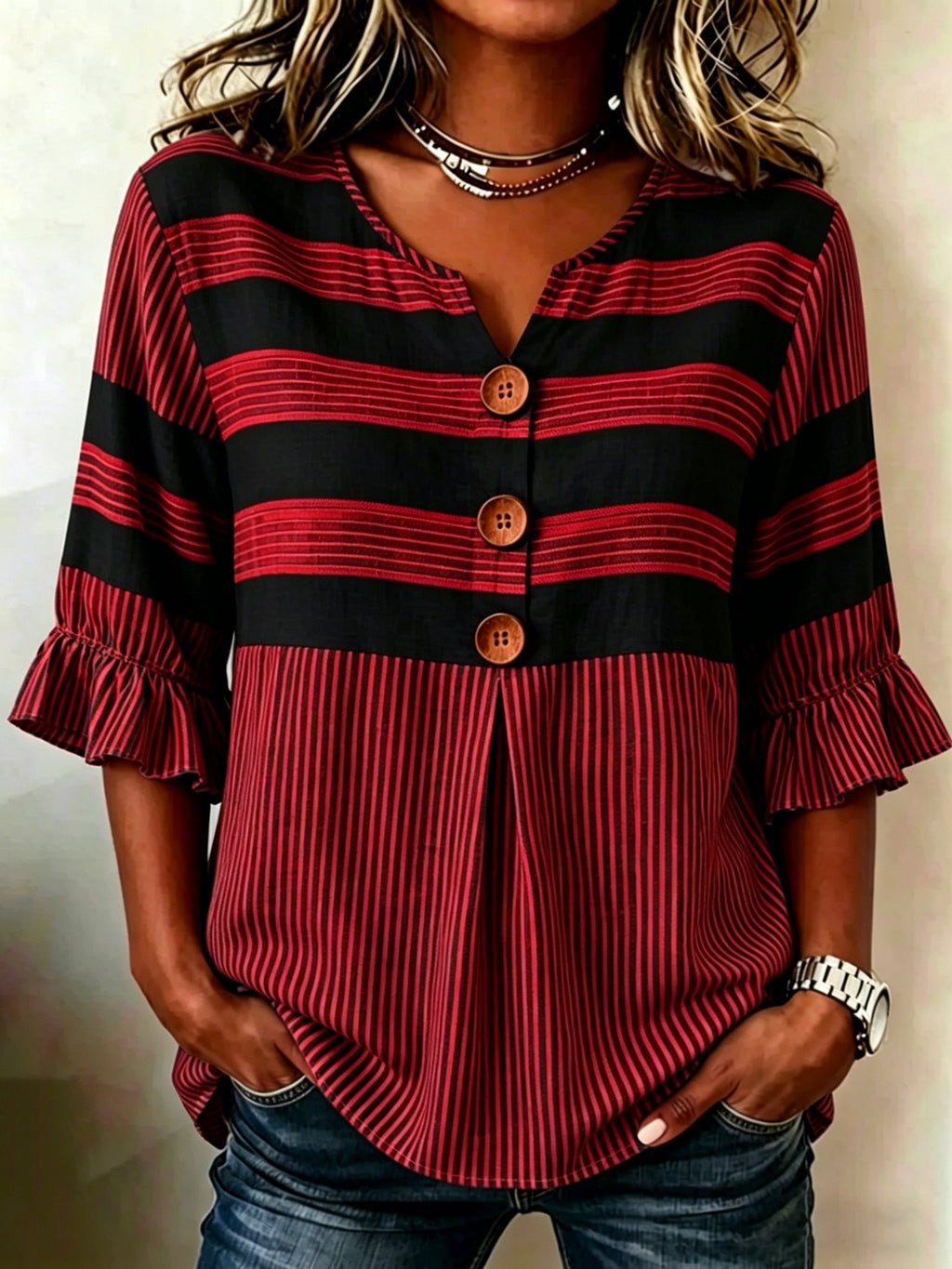 Striped V-Neck Blouse Women Ruffle 3/4 Sleeve Loose Fit Tunic Top Lightweight Linen Button Detail Summer Shirt S-2XL