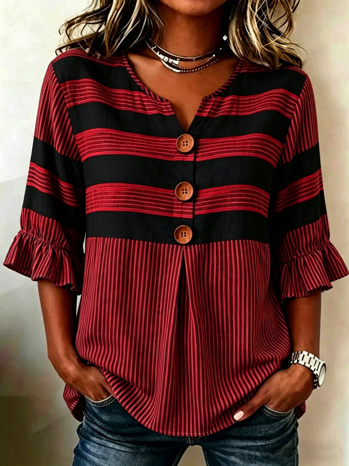 Striped V-Neck Blouse Women Ruffle 3/4 Sleeve Loose Fit Tunic Top Lightweight Linen Button Detail Summer Shirt S-2XL