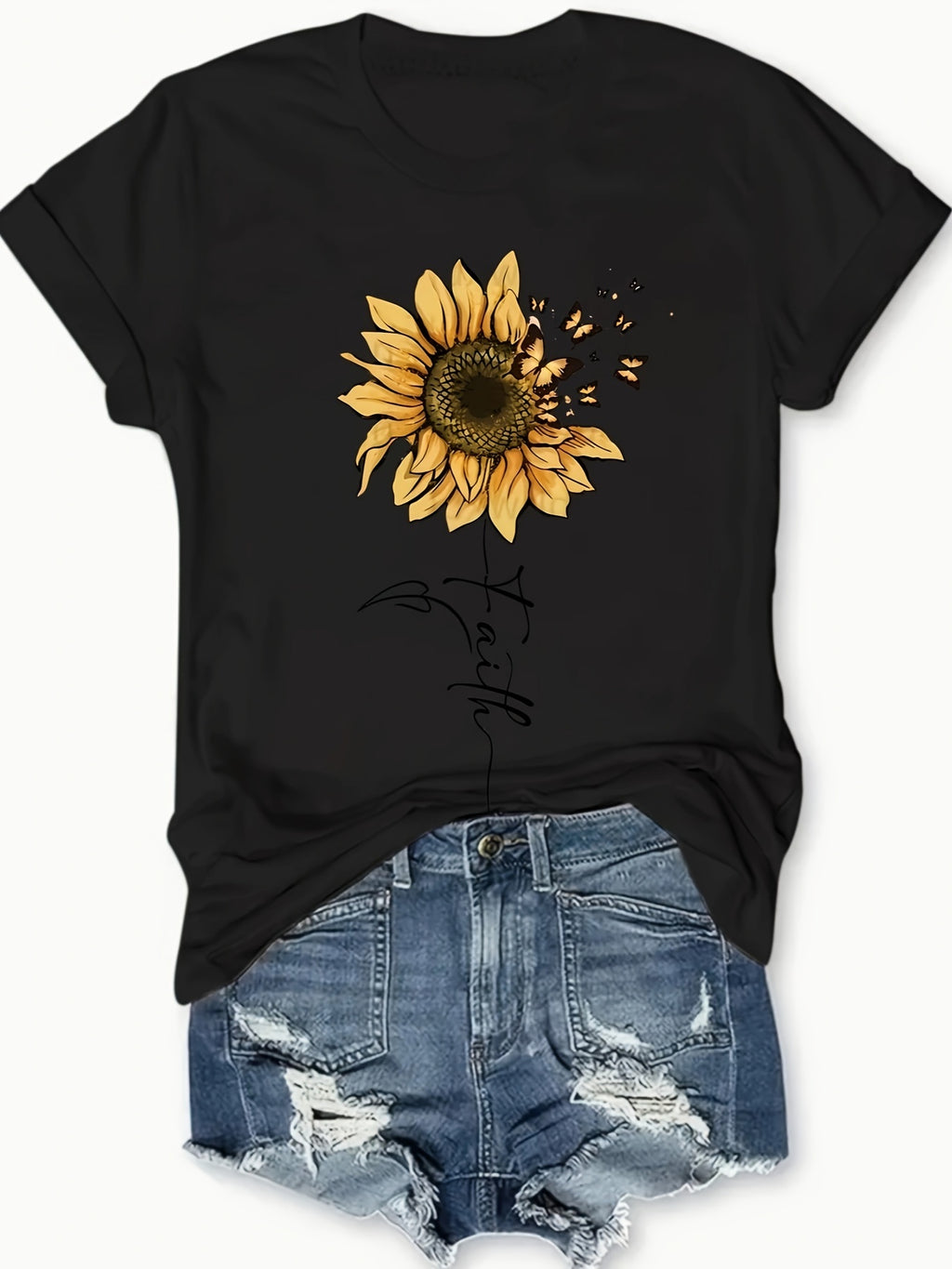 Sunflower Butterfly Print Blouse Women Round Neck Short Sleeve Medium Stretch Opaque Machine Washable Casual Dressy Spring Summer Top S-XXL