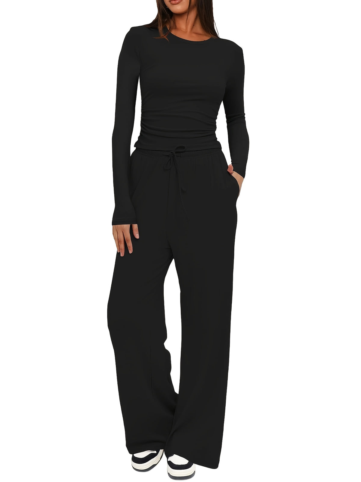 Women's 2 Piece Loungewear Set Casual Long Sleeve Top & High Waist Wide Leg Pants Sweatsuit Matching Outfit