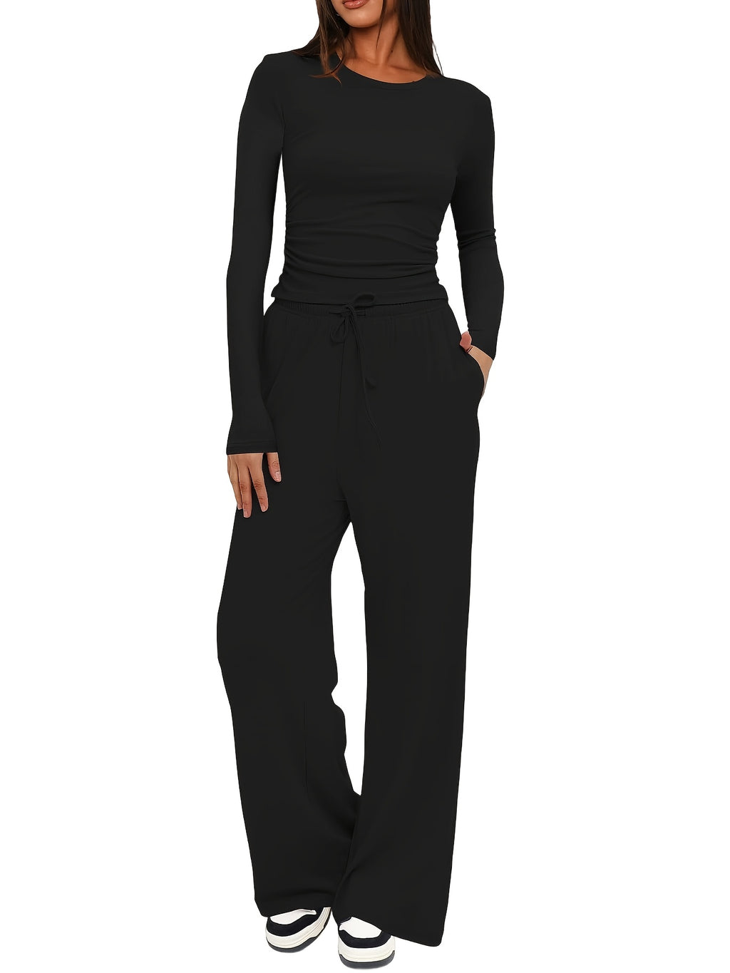 Women's 2 Piece Loungewear Set Casual Long Sleeve Top & High Waist Wide Leg Pants Sweatsuit Matching Outfit