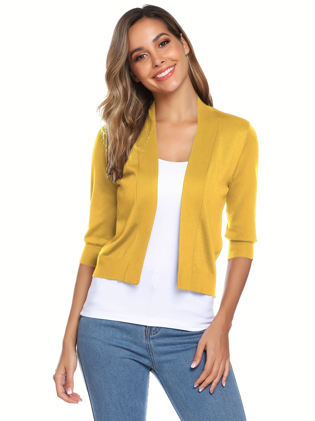 Cropped Open Front Cardigan Women 3/4 Sleeve Knit Shrug Ribbed Hem Draped Neckline Lightweight Stretchy Layering Top 9 Colors Spring Summer Fall S-XXL
