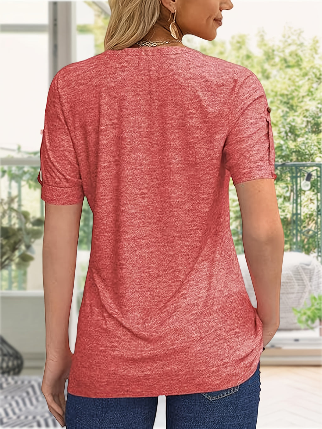 Button Front V-Neck Top Women Pleated Detail Short Sleeve Solid Color Casual Summer Blouse Lightweight Breathable Machine Washable