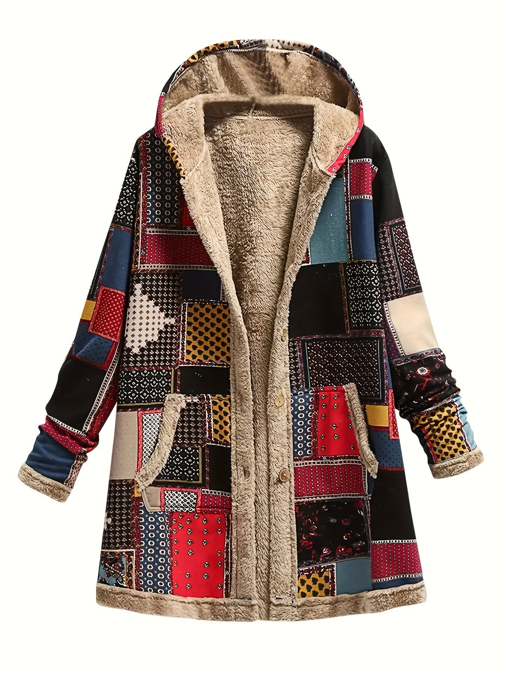 Women's Printed Hooded Sweatshirt Warm Plush Jacket Patchwork Pattern Casual Fall Winter Fleece S-XXL