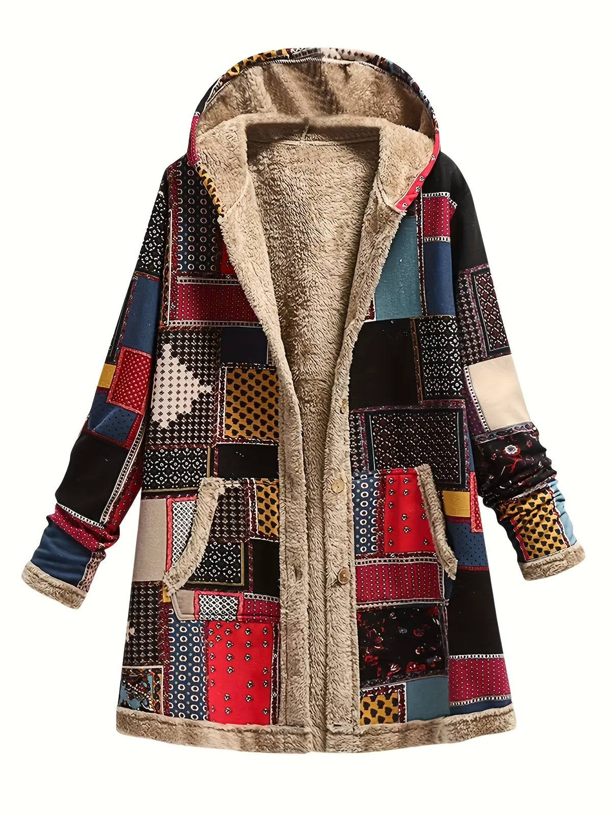 Women's Printed Hooded Sweatshirt Warm Plush Jacket Patchwork Pattern Casual Fall Winter Fleece S-XXL