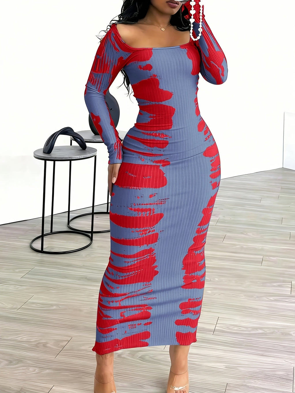 Tie-Dye Bodycon Maxi Dress Women Long Sleeve Ankle Length Contrasting Print Figure-Hugging Sexy Elegant Long Dress