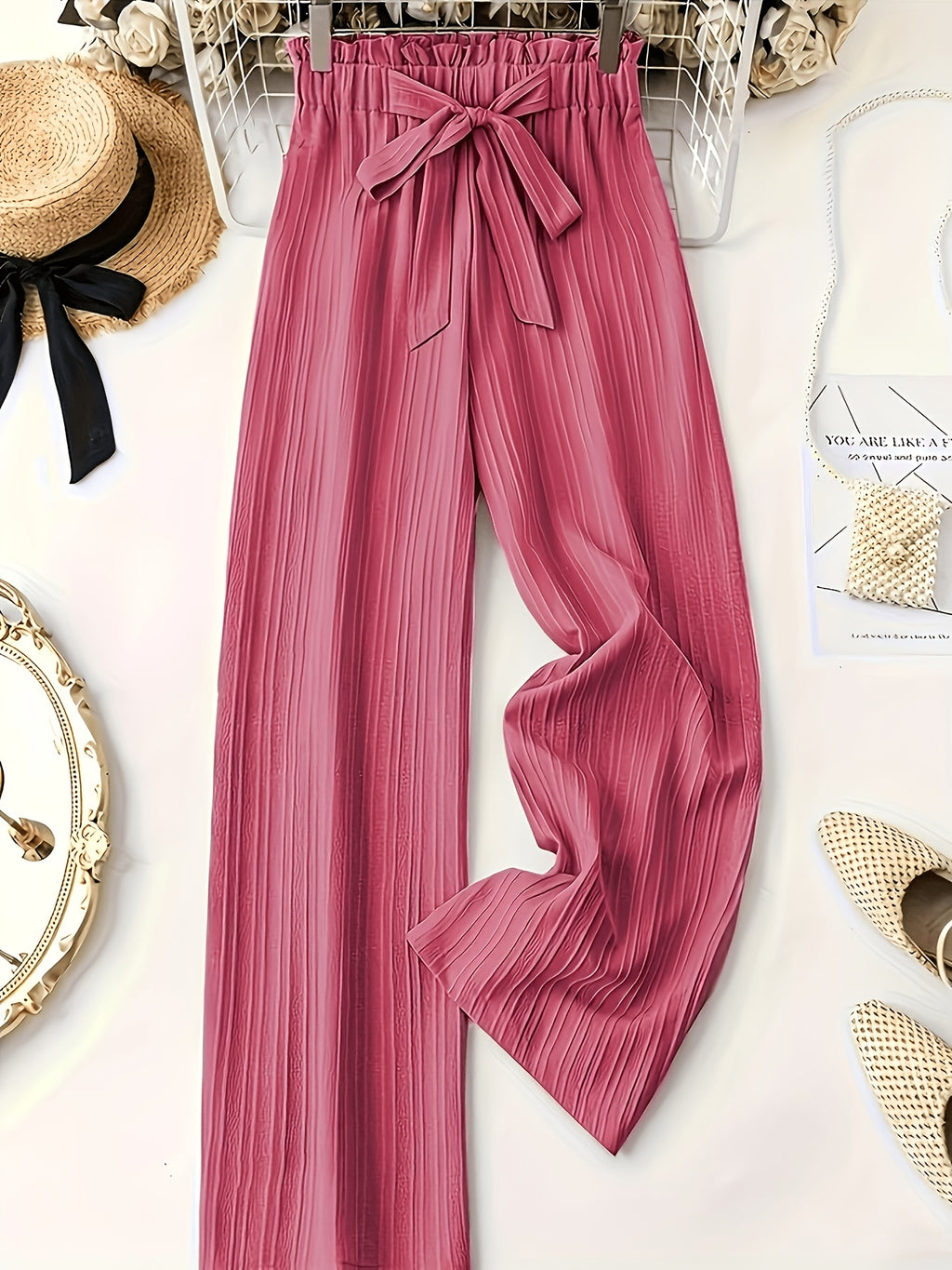 Pleated Wide Leg Pants Women 3 Pack Bow Elastic Waist Loose Straight Leg Long Trousers Spring Summer Daily Commute Casual Versatile S-XXL