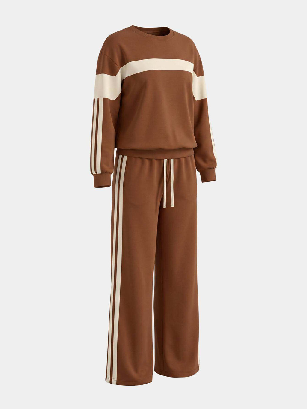 Color Block Stripe Sweatshirt & Wide Leg Pants Set Women Caramel Brown Crewneck Drawstring Retro 2pcs Outfit | Fall Winter