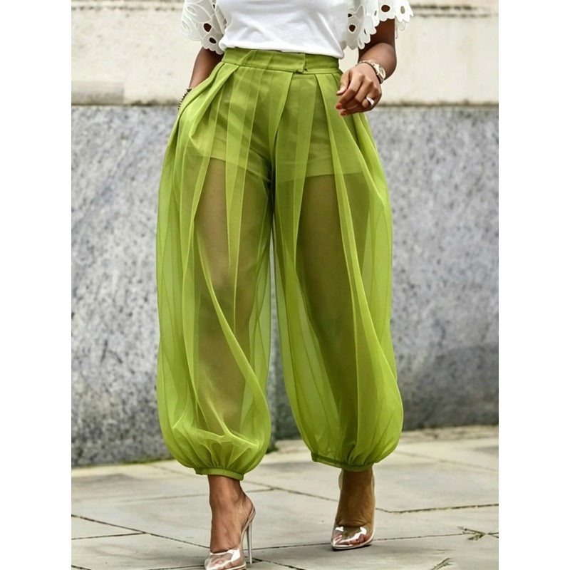 Mesh Tulle Harem Pants Women High Waist Built-In Shorts Balloon Wide Leg Trousers Solid Color Pockets Spring Summer Casual 9/10 Length S-XXL