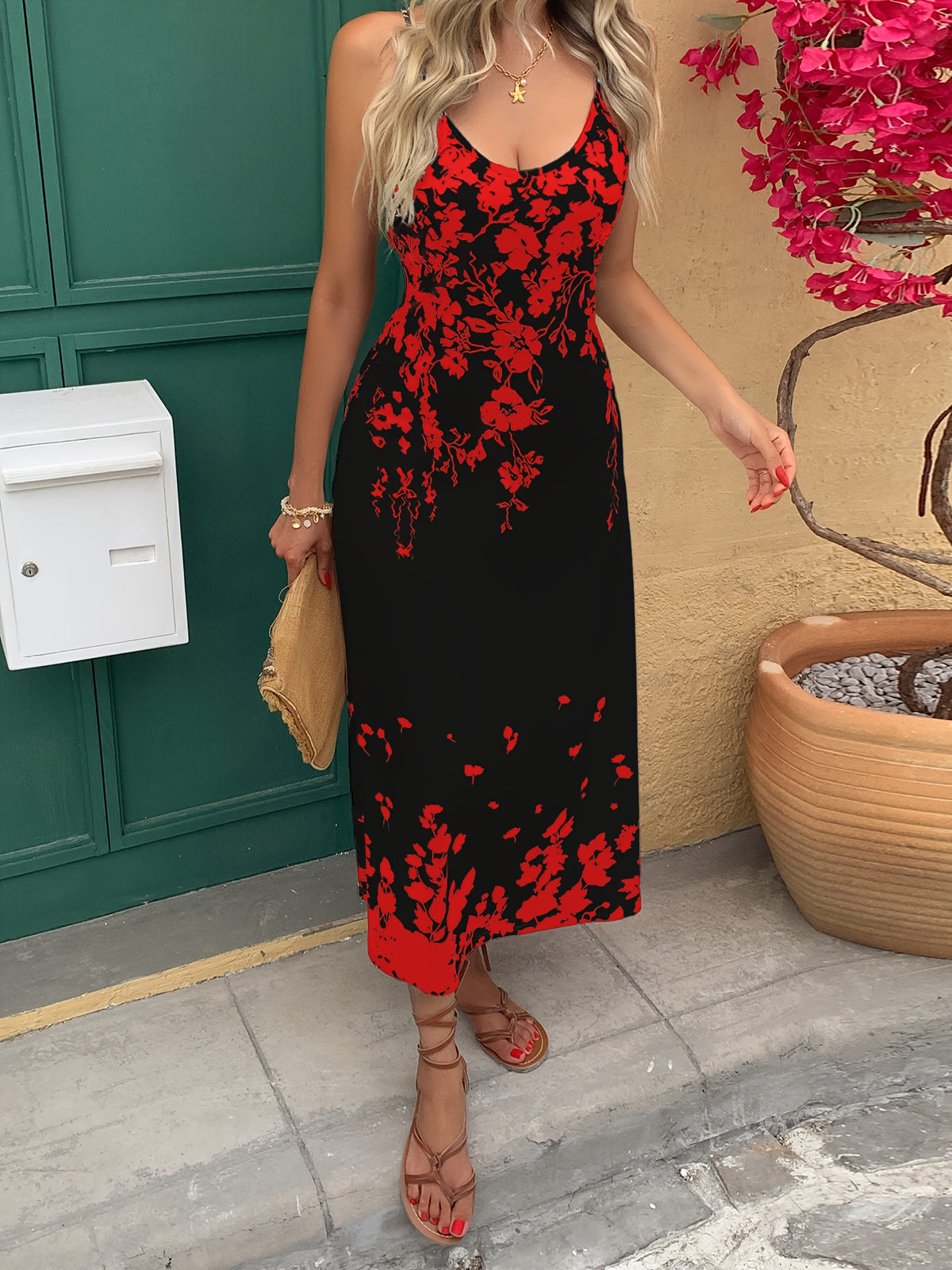 Floral Tropical Print Maxi Dress Women V Neck Spaghetti Strap Summer Vacation Beach Holiday Long Dress Elegant S-XXL