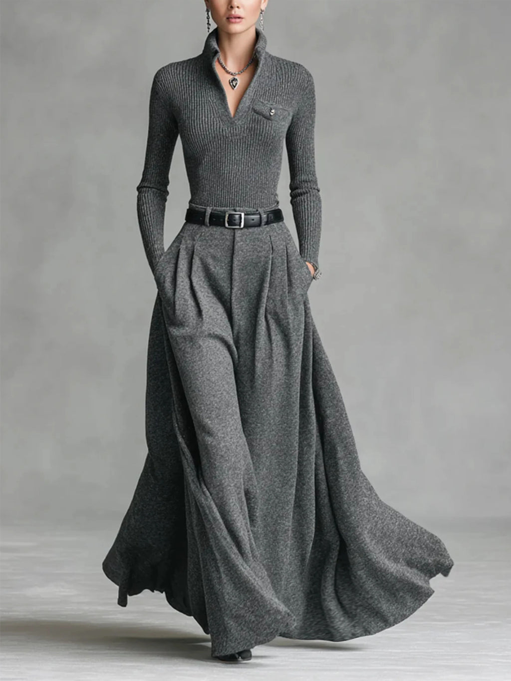 Ribbed Top Draped Wide-Leg Long Skirt 2pcs Set Women Relaxed Luxurious Casual Chic Citywalk Gathering Spring Summer All-Season Grey Outfit M-XXL
