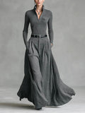 Ribbed Top Draped Wide-Leg Long Skirt 2pcs Set Women Relaxed Luxurious Casual Chic Citywalk Gathering Spring Summer All-Season Grey Outfit M-XXL