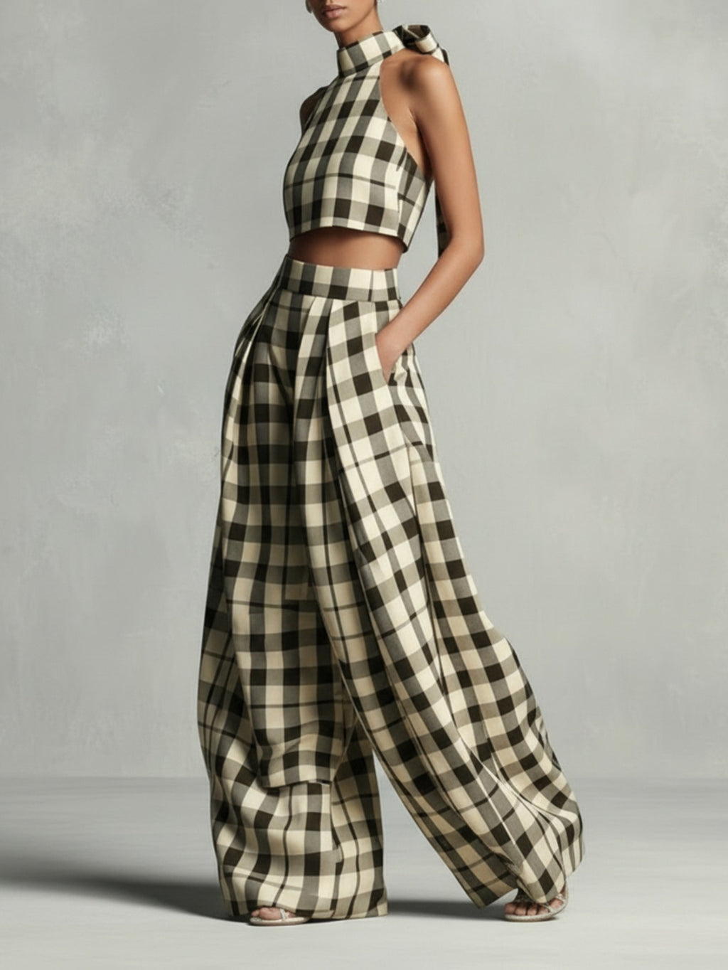 Plaid Halter Crop Top Wide-Leg Lantern Pants 2pcs Set Women Retro Elegant Date Dinner Party Chic Outfit Black White Blue Spring Summer S-XXL
