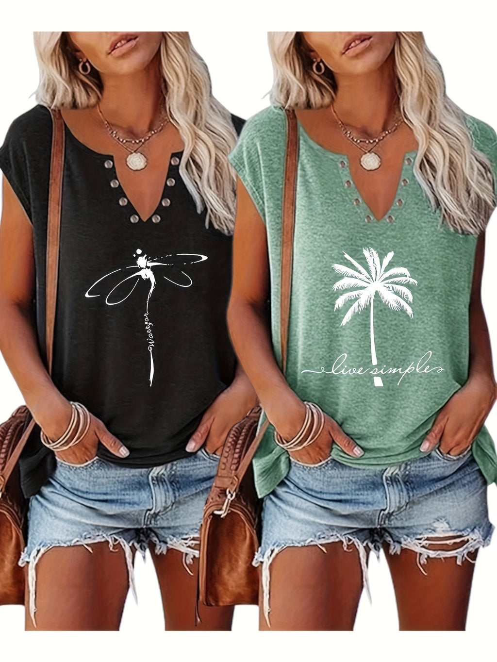 2pcs Printed Blouse & Vest Set Women Button V-Neck Sleeveless Fashion Casual Matching Outfit European American Style S-XXL