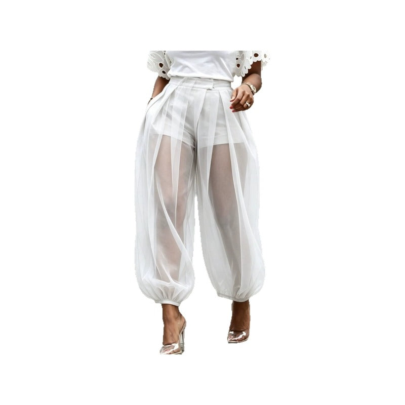 Mesh Tulle Harem Pants Women High Waist Built-In Shorts Balloon Wide Leg Trousers Solid Color Pockets Spring Summer Casual 9/10 Length S-XXL