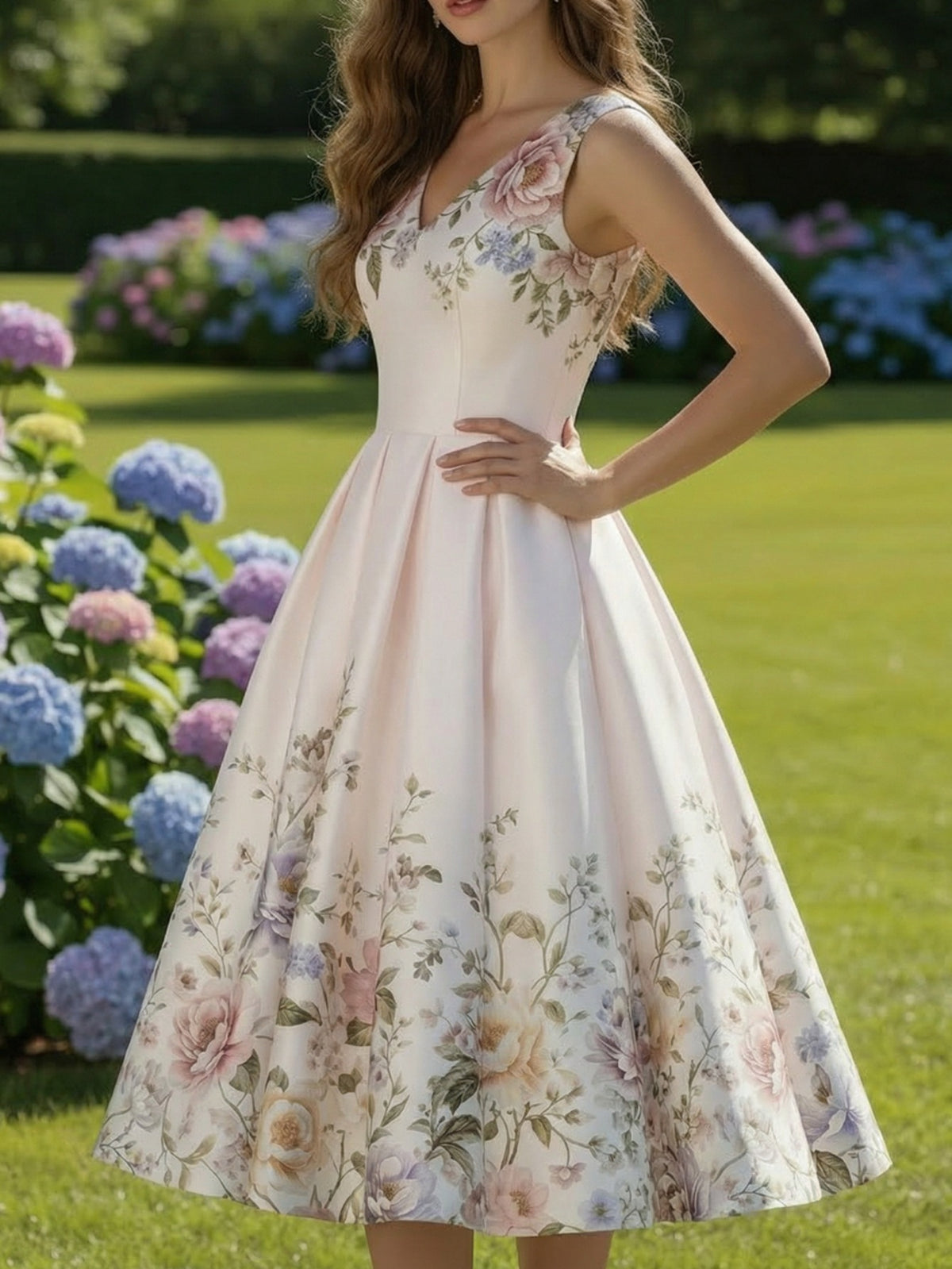 Printed Sleeveless V-Neck Dress Women Waist-Cinching Flared Skirt Elegant Spring Summer Casual Dress for Garden Party Date