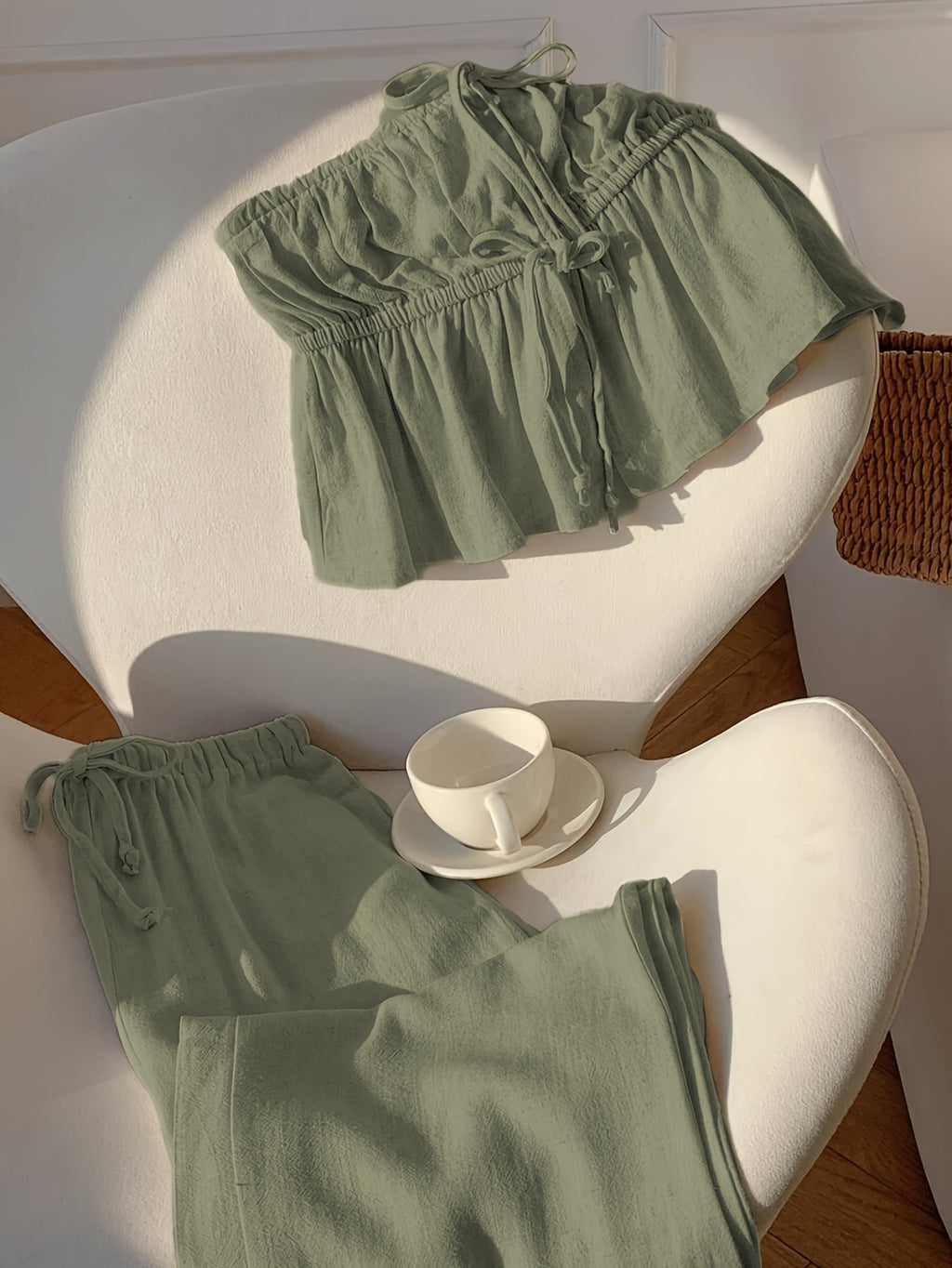Strapless Tie Cropped Top and Wide Leg Pants 2pcs Set Women Spring Summer Vacation Casual Fresh Outfit S-XXL