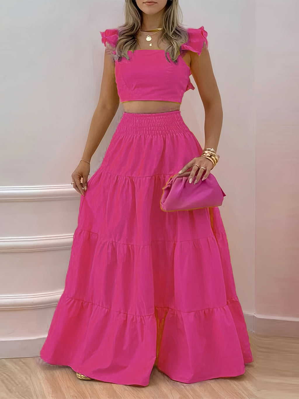 Off Shoulder Ruffle Top and Maxi Skirt 2 Piece Set for Women – Lettuce Trim Sleeveless Fashion Outfit, Spring Summer, Sizes S-XXL