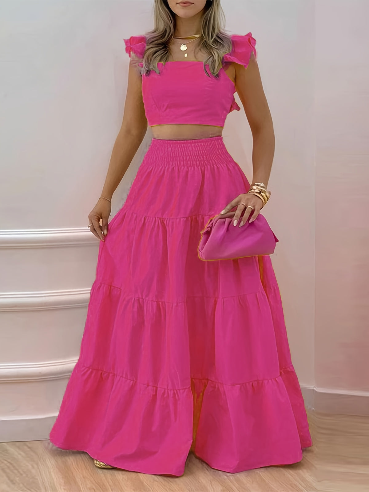 Off Shoulder Ruffle Top and Maxi Skirt 2 Piece Set for Women – Lettuce Trim Sleeveless Fashion Outfit, Spring Summer, Sizes S-XXL