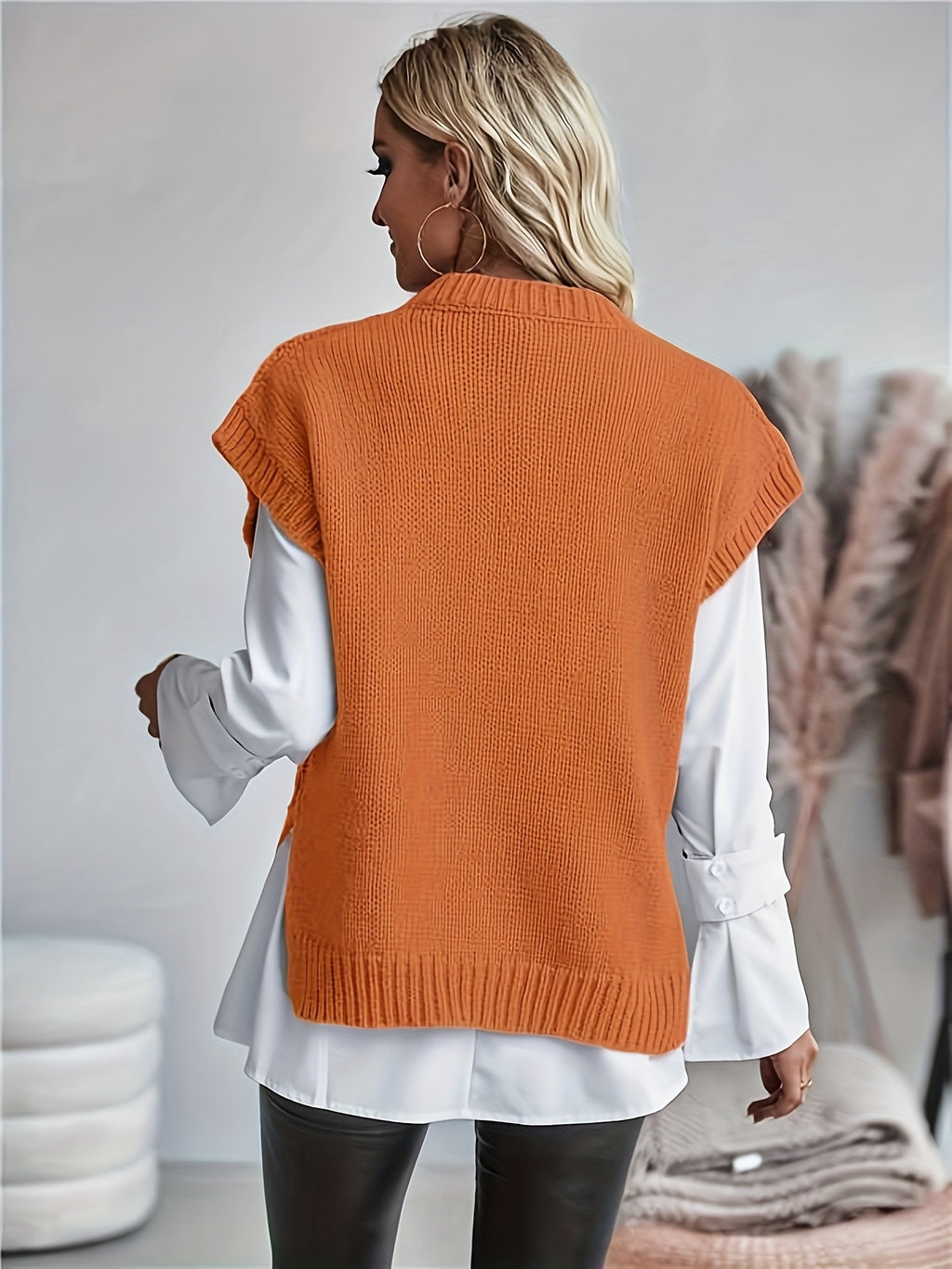 Cable Knit Sweater Vest Women Sleeveless Round Neck Slit Hem Solid Color Layering Top - Casual Semi-Formal Acrylic Knitwear Spring Summer Fall