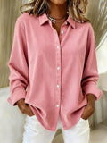Corduroy Button-Front Shirt for Women – Soft Stretch Lapel Collar Solid Blouse, Relaxed Fit Winter Layering Top for Everyday & Semi-Formal Wear