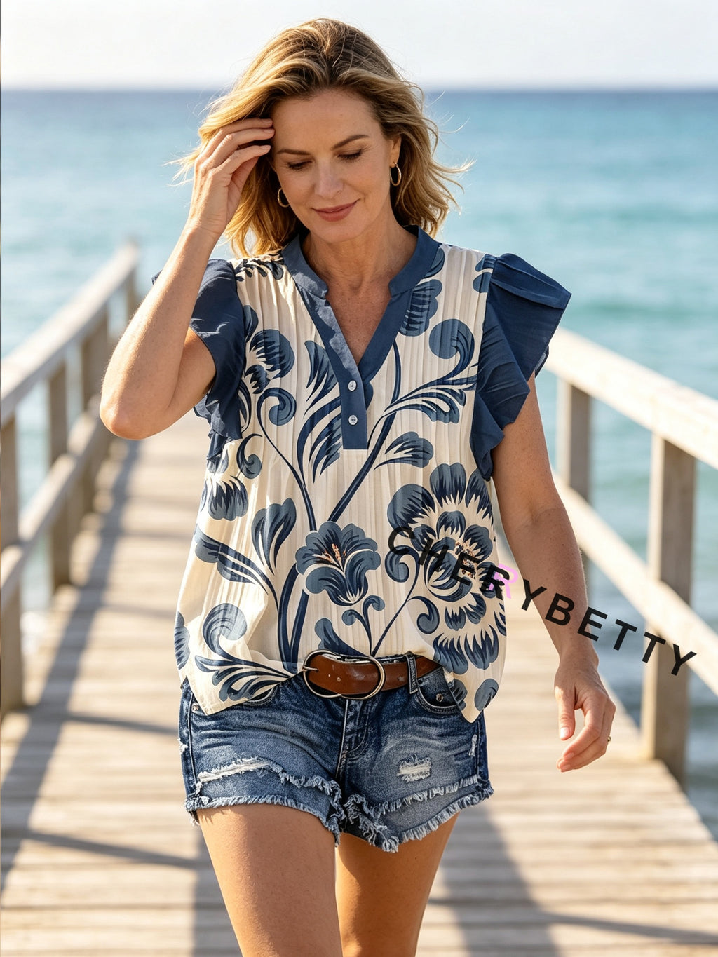 Boho Floral V-Neck Flutter Sleeve Blouse Women Paisley Western Vintage Print Hippie Chic Summer Top Blue S-XXL